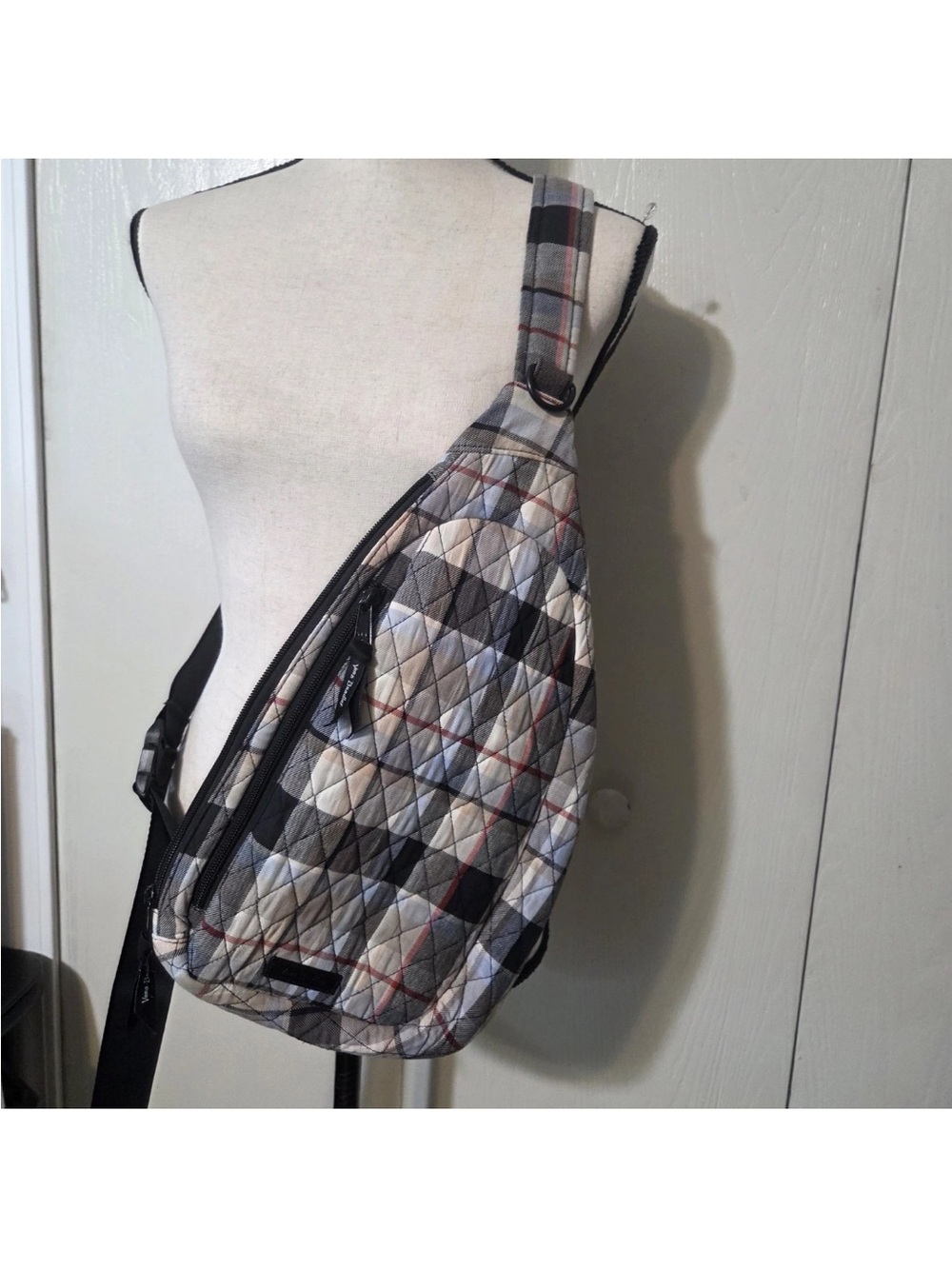 Vera Bradley Quilted Plaid Sling Bag - Beige Gray with Red Accents